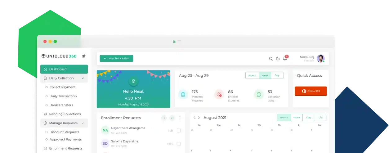 UniCloud360 platform dashboard showing student management modules