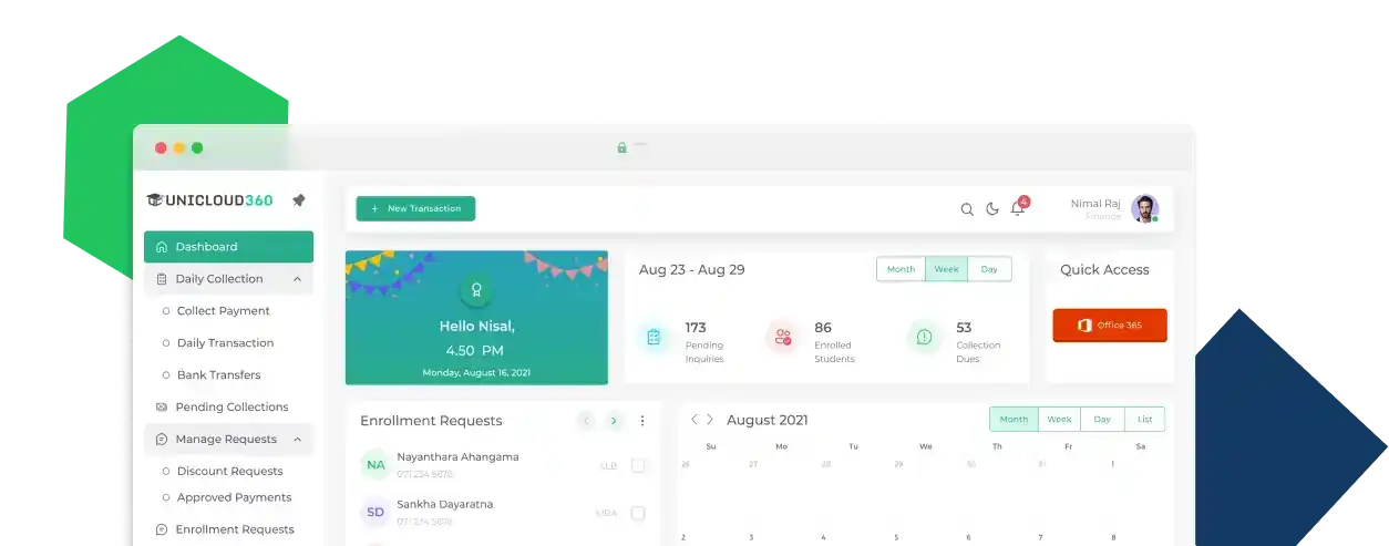 Dashboard view of the student management system