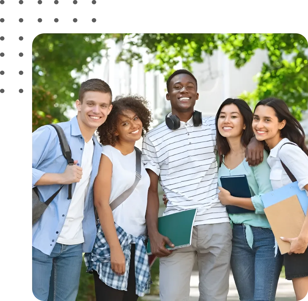 Group of students with dots pattern in the background, representing education and student management.